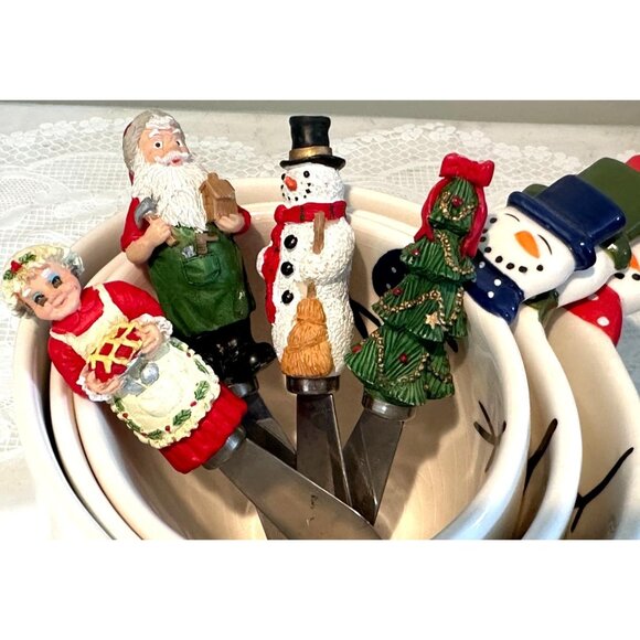 Nesting Snowmen Bowls Ceramic Holiday Spreaders Set Christmas Tree Santa Party - Picture 3 of 11